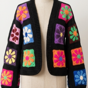Women's Handmade Crochet Granny Square Jacket - Black Colorful Vintage Inspired