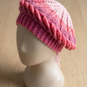 Handmade Pink Ombre Crochet Beret – Textured French Style Winter Slouchy Beanie Hat