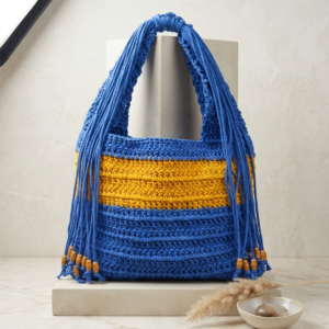 Handmade Blue and Yellow Crochet Bag – Boho Fringe Market Tote with Beaded Tassels